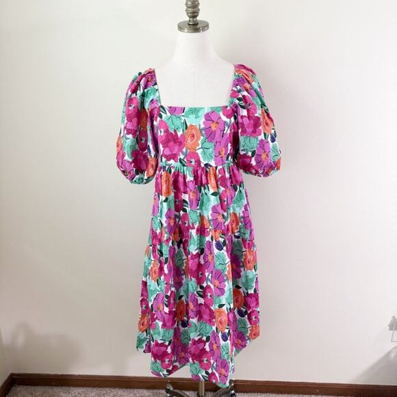 Baltic Born Pink Floral Print Dress Sz Large Square Neck Pockets Balloon Sleeve - Picture 9 of 10